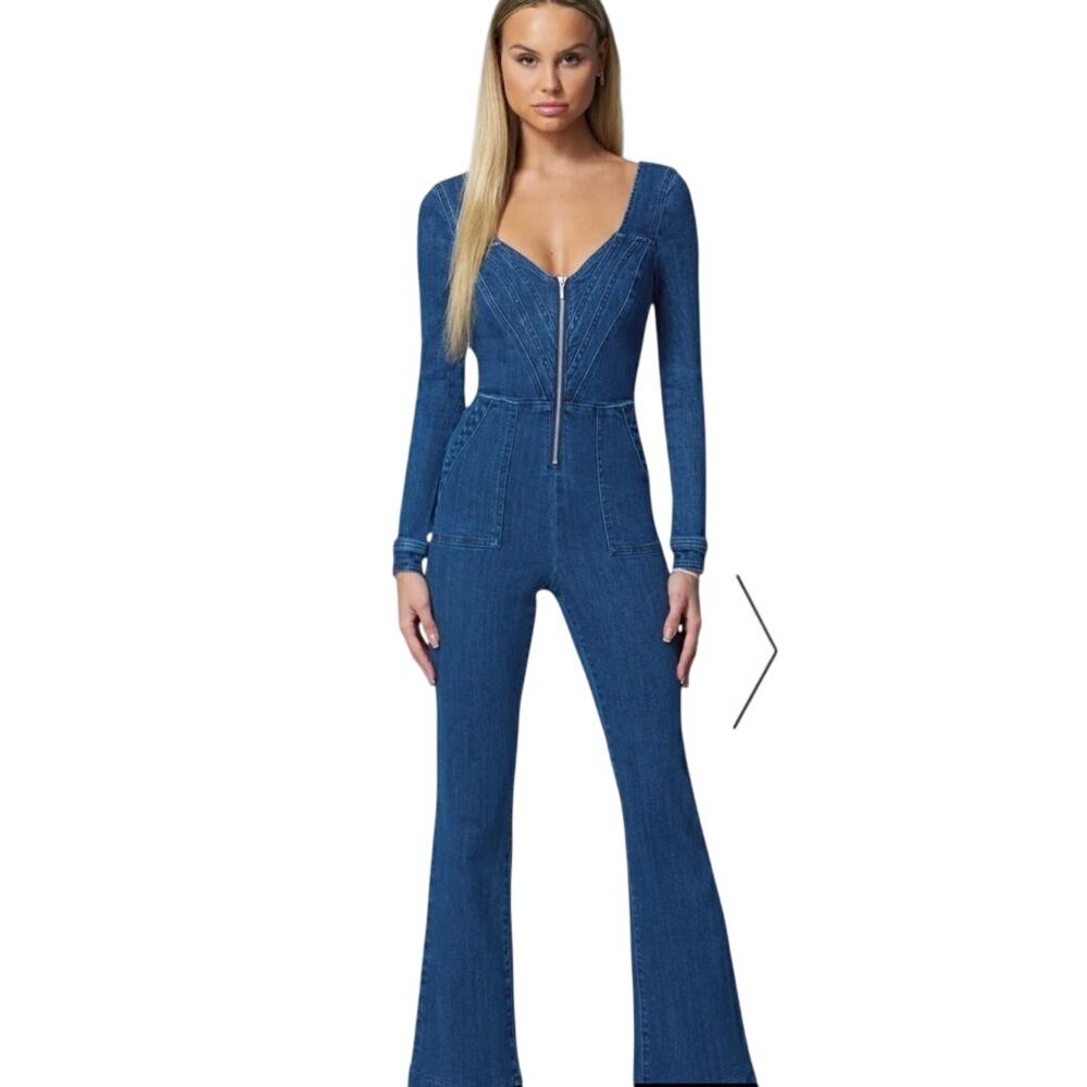 Bebe long sleeve multistitch wide leg denim jumpsuit womens sz 4100